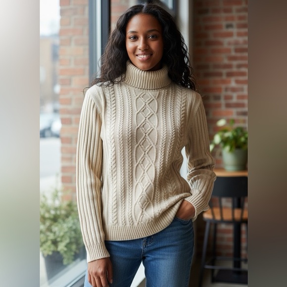 ASOS Cable Knit Turtleneck Cardigan Size Medium Tan - Picture 12 of 13